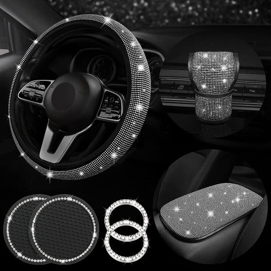 Diamond Bling Steering Wheel Cover for Women Foldable Universal Fit 15 Inch, Bling Auto Center Console Protective Cover, Crystal Shift Gear Cover, Car Coasters (White)